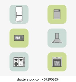 Set of six vector icons of home appliances in flat style and square frames. 
