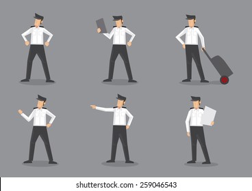 Set Of Six Vector Illustration Of Aircraft Pilot Or Airline Captain In Black And White Uniform. Cartoon Characters Isolated On Grey Background.