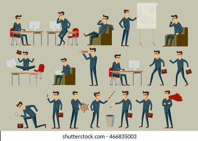 Set of six vector illustration of businessman wearing bright blue formal three piece business suit in different gestures isolated on grey background. art