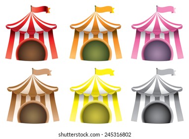 Set of six vector illustration of carnival tents typically used for circus isolated on white background.