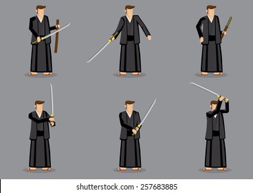 Set of six vector illustration of a cartoon man wearing Japanese traditional costume and slipper and holding a samurai sword in hands.