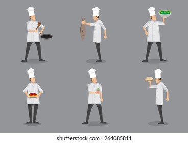 Set of six vector illustration of cartoon chef in white uniform and toque serving food with pride isolated on grey background.