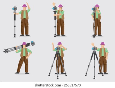 Set of six vector illustration of a cartoon photographer doing his work with his photography equipment consisting tripod and SLR camera. 

