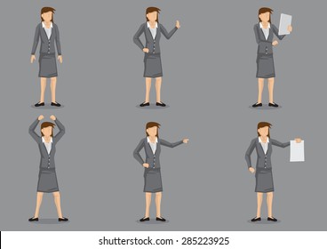 Set of six vector illustration of cartoon career woman executive in various gestures isolated on plain grey background.