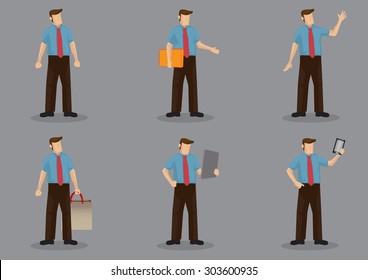 Set of six vector illustration of cartoon office personnel wearing necktie with short sleeves shirt in different poses isolated on grey background.