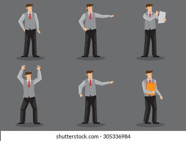 Set six vector illustration cartoon man wearing necktie   sleeveless vest without jacket in different poses isolated grey background 