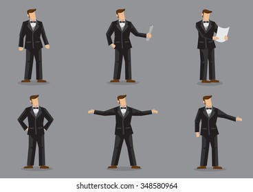 Set of six vector illustration of cartoon man character in formal black suit with bow tie in different gestures isolated on grey background.