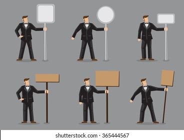 Set of six vector illustration of cartoon man in black formal suit with bow tie holding blank sign post of different shapes isolated on grey background.