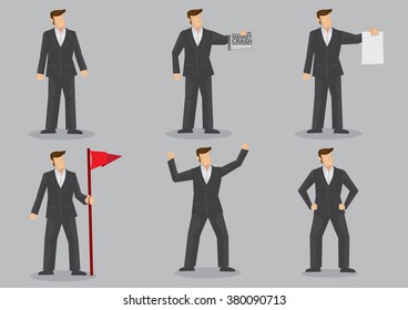 Set of six vector illustration of cartoon businessman in black suit in different gestures isolated on grey background.