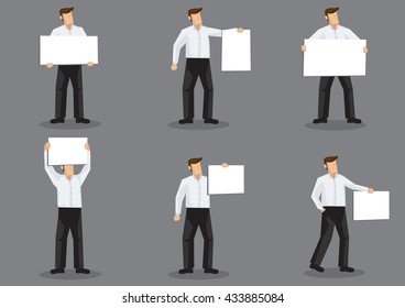 Set of six vector illustration of cartoon man character holding blank placard sign board isolated on grey background.