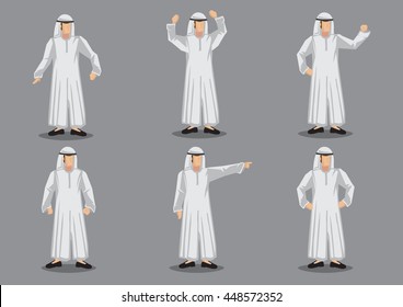 Set of six vector illustration of cartoon muslim man wearing traditional Islamic white robe costume with headgear in various gesture isolated on grey background.