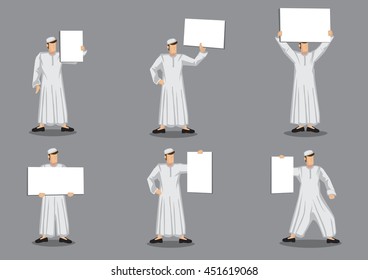 Set of six vector illustration of cartoon character of muslim man in traditional white robe costume and skullcap holding blank placard with copy space isolated on grey background.