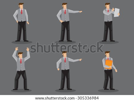 Set of six vector illustration of cartoon man wearing necktie and sleeveless vest without jacket in different poses isolated on grey background.