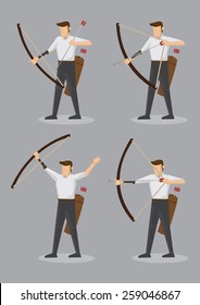 Set of six vector illustration of character of an archer with bow and arrows isolated on grey background.