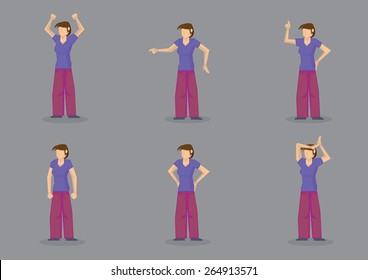 Set of six vector illustration of an emotional lady character wearing casual shirt and pants in different gestures  conveying frustration and anger isolated on grey background.