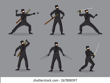 Set of six vector illustration of Japanese ninja in black suit and mask holding different weapons. Cartoon characters isolated on grey background.