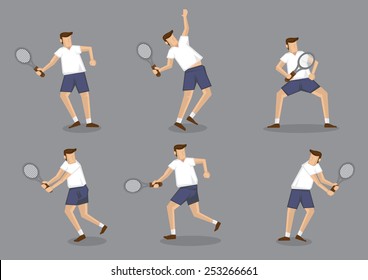 Set of six vector illustration of man character holding tennis racquet and striking different posses isolated on grey background 