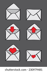Set of six vector illustration of paper envelopes with different symbols isolated on grey plain background. 