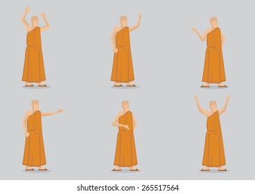 Set of six vector illustration of religious Buddhist monks in yellow robe isolated on plain background.