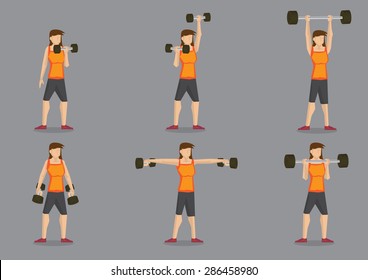 Set of six vector illustration of woman doing weights training with dumbbells isolated on grey background.
