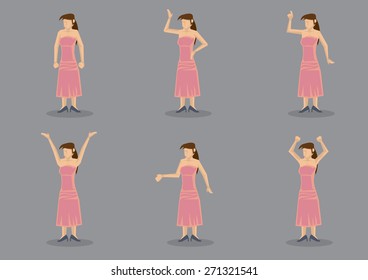 Set of six vector illustration of a young lady wearing long pink strapless dress and black heels posing in different gestures isolated on grey background.