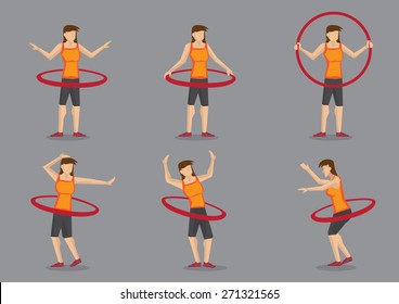 Set of six vector illustration of a young active lady exercising by twirling hula hoop isolated on grey background.