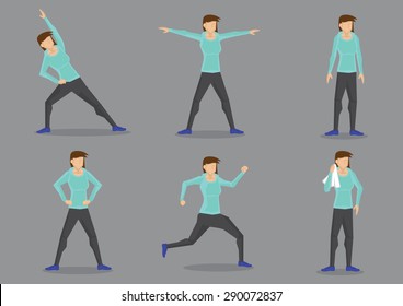 Set of six vector illustrations of athletic woman in sporty tracksuit doing workout isolated on grey background.