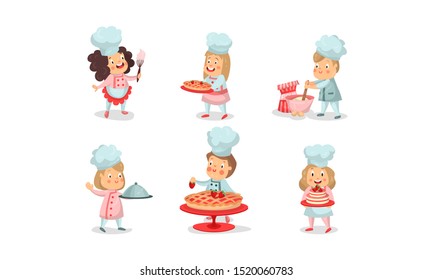 Set Of Six Vector Illustrations With Babies In Cooking Process