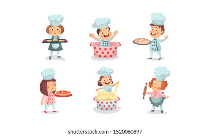 Set Of Six Vector Illustrations Of Babies Playing In Cook Uniform