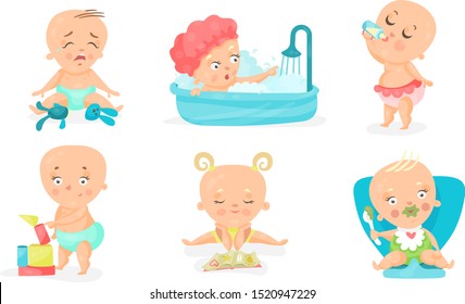 Set Of Six Vector Illustrations With Baby Toddlers In Different Children Poses