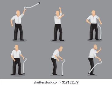 Set of six vector illustrations of blading old man cartoon character holding a walking stick in various gestures and poses isolated on grey background.