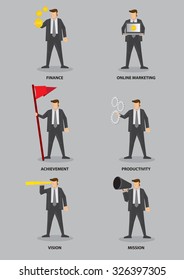 Set of six vector illustrations of businessman with conceptual symbols for business terms isolated on grey background.