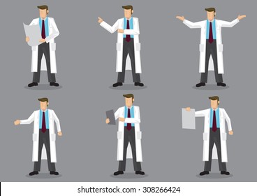 Set Of Six Vector Illustrations Of Cartoon Man In Long White Coat Or Lab Coat As Doctor, Scientist Or Laboratory Researcher Isolated On Grey Background.