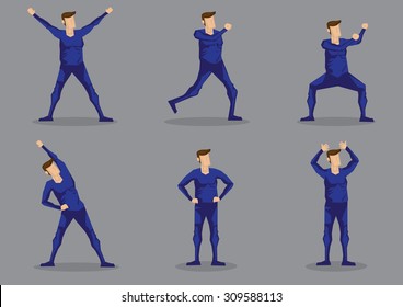 Set of six vector illustrations of cartoon man in blue one-piece skin-tight active wear isolated on grey background.