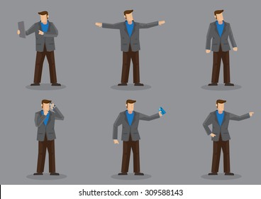 Set of six vector illustrations of cartoon man in grey suit and brown trousers isolated on grey background.