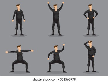 Set of six vector illustrations of cartoon man wearing black skin-tight garment in various poses isolated on grey background.