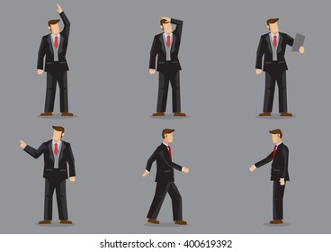 Set of six vector illustrations of cartoon businessman in different gestures isolated on grey background.