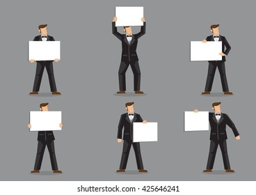 Set of six vector illustrations of cartoon man character in formal black suit with bow tie holding blank sign board with copy space isolated on grey background.