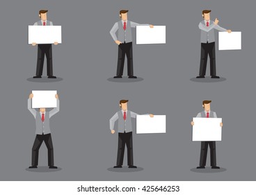 Set of six vector illustrations of cartoon man character in grey vest suit over dress shirt and red necktie holding blank sign board with copy space isolated on grey background.