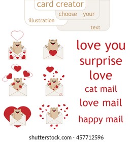 Set of six vector illustrations with cats, envelopes, and hearts and different text for them. Cute cartoon character. The illustrations and text isolated on background. Create your card.
