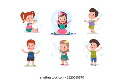Set Of Six Vector Illustrations With Children Having Fun With Bubble Blower