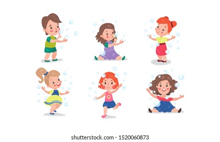 Set Of Six Vector Illustrations With Children Entertaining themselves With Bubble Blower