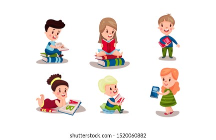 Set Of Six Vector Illustrations Of Children in different Positions Reading  and holding Books