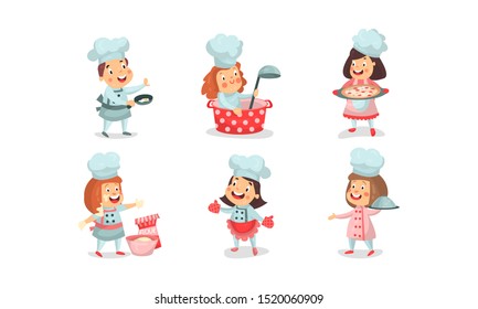 Set Of Six Vector Illustrations Of Children Playing In Cooke Uniforms With Different Scenes