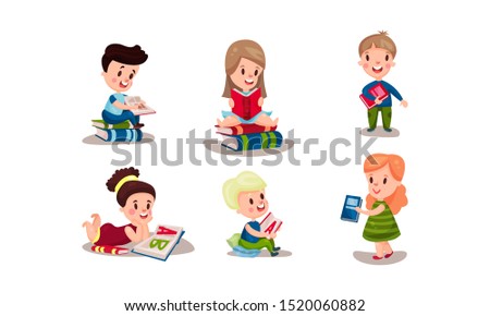 Set Of Six Vector Illustrations Of Children in different Positions Reading  and holding Books