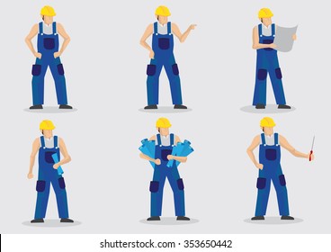 Set of six vector illustrations of construction worker wearing blue overall work clothes and yellow helmet in various gestures and poses isolated on plain background.