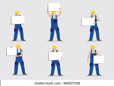 Set of six vector illustrations of construction worker in blue overall and yellow hard hat holding blank placard with copy space isolated on grey background.