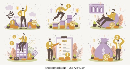 A set of six vector illustrations depicting financial growth, investment strategies, and analytics, ideal for business presentations and educational content.