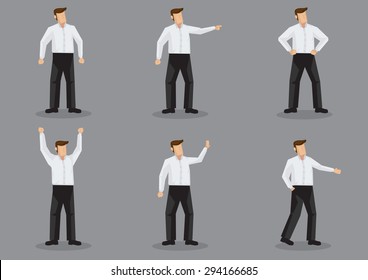 Set of six vector illustrations of faceless cartoon man character wearing simple white shirt and black pants in different gestures isolated on grey background.