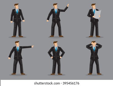 Set of six vector illustrations of faceless businessperson in black full suit and blue neck tie in different gestures and emotions isolated on plain grey background.